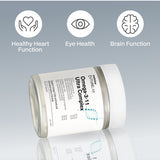 Melrose FutureLab Omega 3-11 Ultra Complex jar styled on a reflective surface with benefit icons