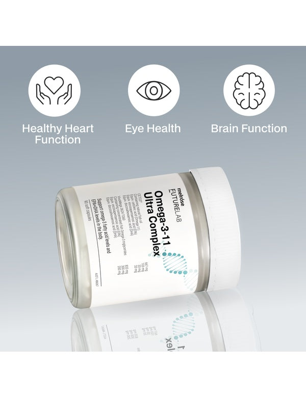 Melrose FutureLab Omega 3-11 Ultra Complex jar styled on a reflective surface with benefit icons