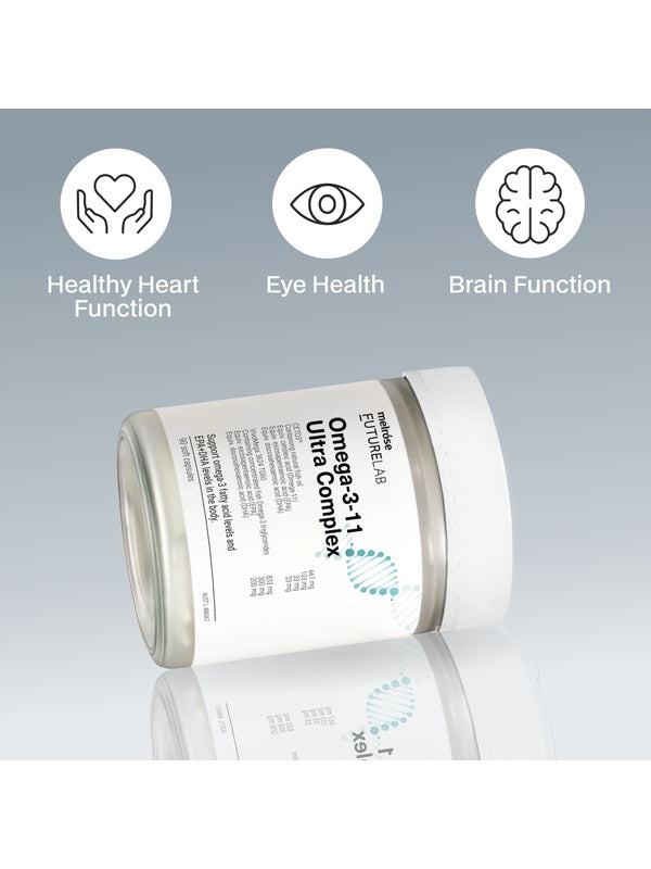 Melrose FutureLab Omega 3-11 Ultra Complex jar styled on a reflective surface with benefit icons