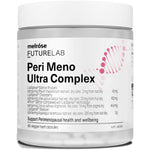 Clear Melrose FutureLab Peri Meno Ultra Complex jar with a wide white lid, a white label with bold black text and a pink DNA-helix graphic.