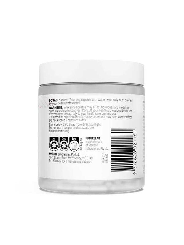 Rear view of Melrose FutureLab Peri Meno Ultra Complex showing the barcode and product information