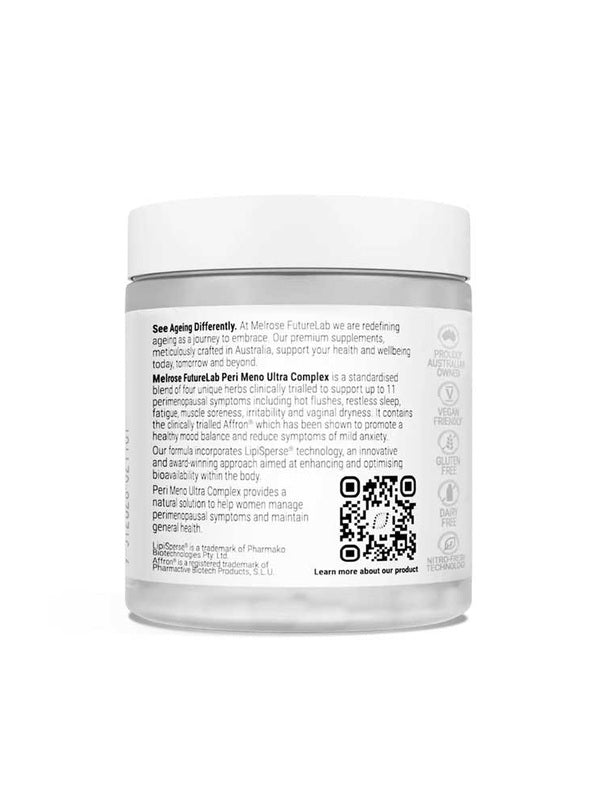 Back of Melrose FutureLab Peri Meno Ultra Complex showing directions, ingredients and warnings