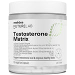Clear Melrose FutureLab Testosterone Matrix jar with a wide white lid, a white label with bold black text and a pale green DNA-helix graphic.
