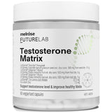 Clear Melrose FutureLab Testosterone Matrix jar with a wide white lid, a white label with bold black text and a pale green DNA-helix graphic.