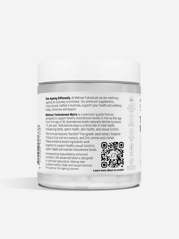 Back of Melrose FutureLab Testosterone Matrix showing directions, ingredients and warnings
