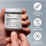 Melrose FutureLab Testosterone Matrix jar held in both hands with product benefit icons
