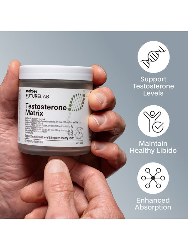 Melrose FutureLab Testosterone Matrix jar held in both hands with product benefit icons