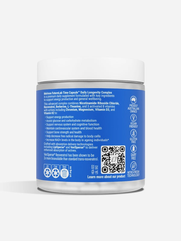 Back of Melrose FutureLab Time Capsule Daily Longevity Complex showing directions and ingredients