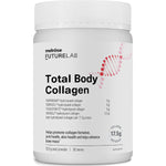 Large white Melrose FutureLab Total Body Collagen jar with a ribbed white lid, bold black lettering and a pale pink DNA-helix graphic.