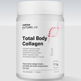 Large white Melrose FutureLab Total Body Collagen jar standing on a pale reflective surface, with a ribbed lid and pink DNA-helix graphic beside black lettering.