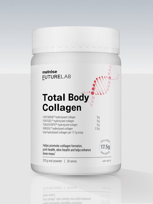 Large white Melrose FutureLab Total Body Collagen jar standing on a pale reflective surface, with a ribbed lid and pink DNA-helix graphic beside black lettering.
