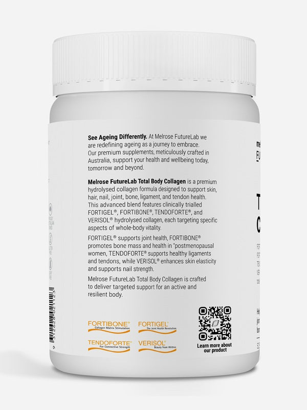 Back of Melrose FutureLab Total Body Collagen showing directions, ingredients and warnings