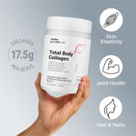 Hand holding Melrose FutureLab Total Body Collagen with skin, joint, hair and nail benefit icons