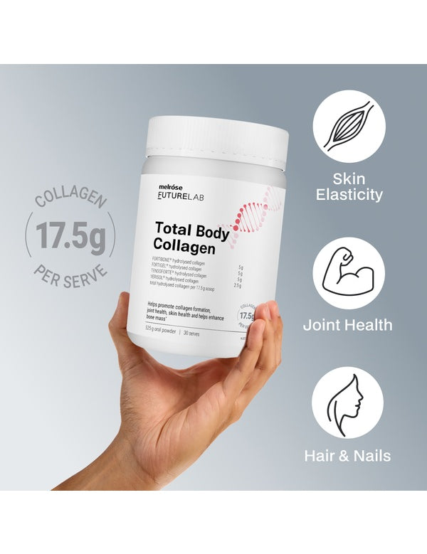 Hand holding Melrose FutureLab Total Body Collagen with skin, joint, hair and nail benefit icons