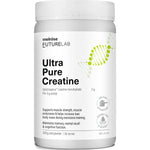 Tall white Melrose FutureLab Ultra Pure Creatine jar with a ribbed white lid, bold black lettering and a lime-green DNA-helix graphic.