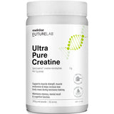 Tall white Melrose FutureLab Ultra Pure Creatine jar with a ribbed white lid, bold black lettering and a lime-green DNA-helix graphic.