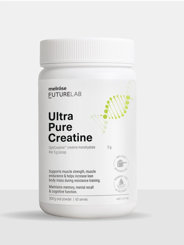 Melrose FutureLab Ultra Pure Creatine shown upright from an alternate front position