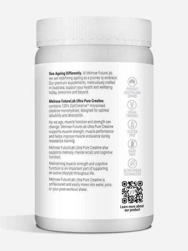 Back of Melrose FutureLab Ultra Pure Creatine showing directions and product information