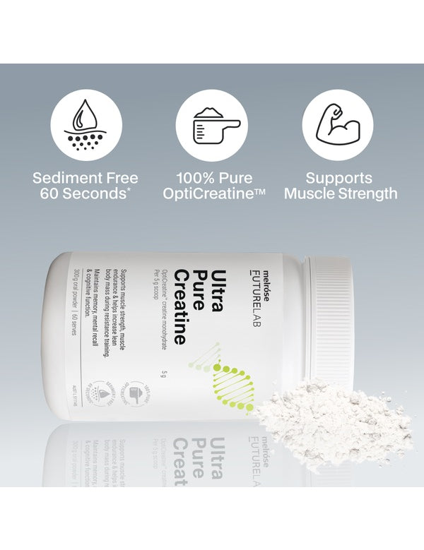 Melrose FutureLab Ultra Pure Creatine styled with powder and product benefit icons