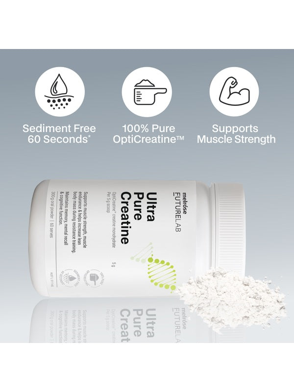 Melrose FutureLab Ultra Pure Creatine styled with powder and product benefit icons