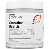 Clear Melrose FutureLab Vascular Health jar with a wide white lid, a white label with bold black text and a red DNA-helix graphic.