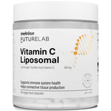 Clear Melrose FutureLab Vitamin C Liposomal jar with a wide white lid, a white label with bold black text and an orange DNA-helix graphic.