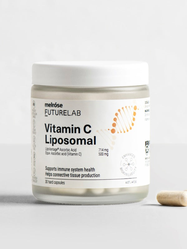 Melrose FutureLab Vitamin C Liposomal shown upright from an alternate front position