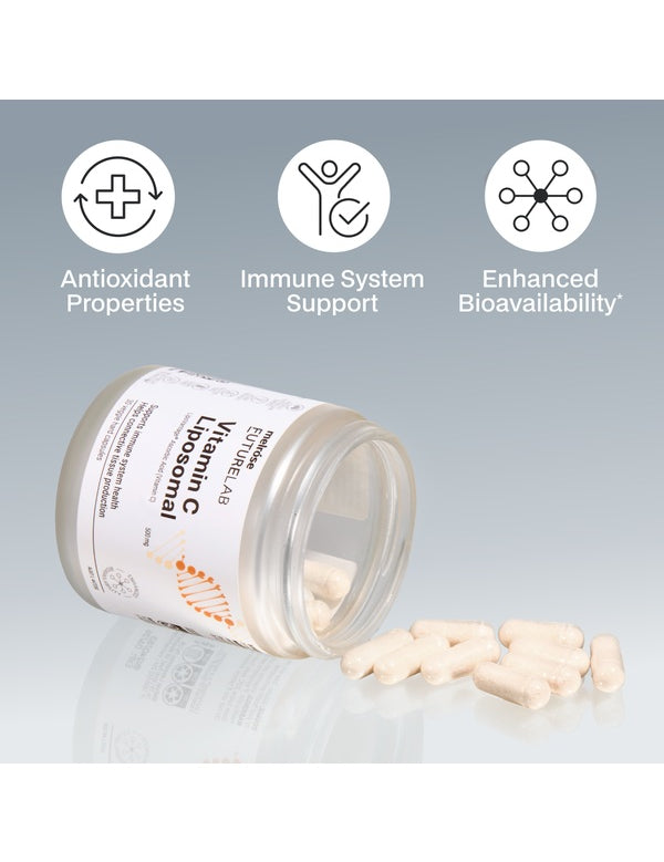 Melrose FutureLab Vitamin C Liposomal jar styled on a reflective surface with capsules