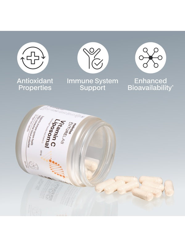 Melrose FutureLab Vitamin C Liposomal jar styled on a reflective surface with capsules
