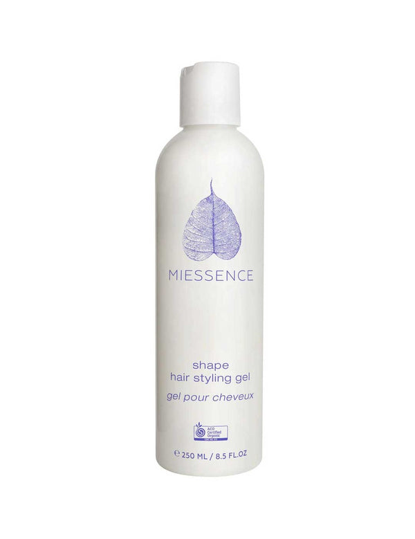 A white bottle of Miessence Shape Hair Styling Gel features a purple leaf graphic, English and French text, a white cap, and contains 250 mL (8.5 fl oz) of certified organic product.