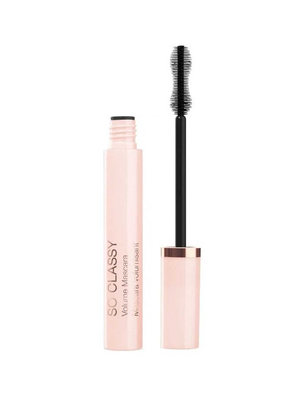 Open pale pink Mineral Fusion So Classy mascara tube beside its upright black wand with a thick brush that narrows through the middle.