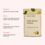 Mister Jones Daily Beauty Greens canister beside ingredient lists grouped under Cleanse, Glow, Balance and Energise on a pale pink promotional graphic.