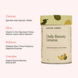 Mister Jones Daily Beauty Greens canister beside ingredient lists grouped under Cleanse, Glow, Balance and Energise on a pale pink promotional graphic.
