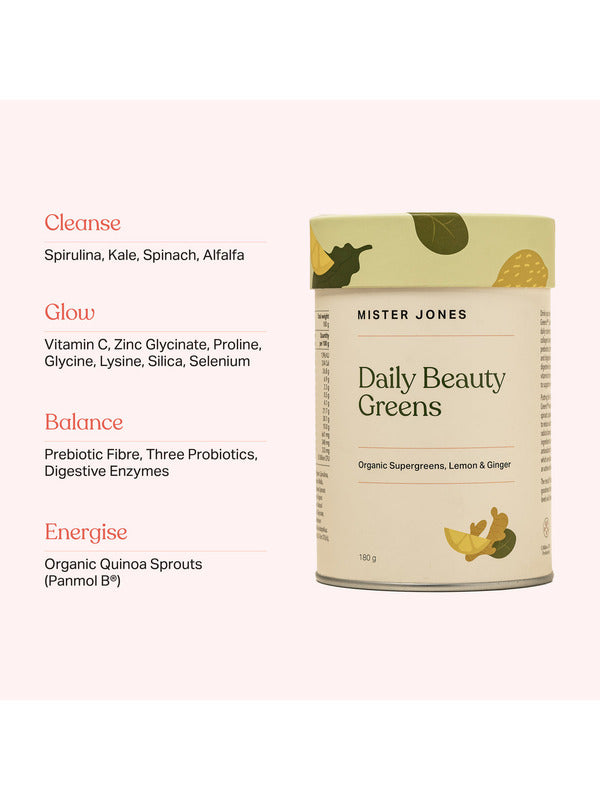Mister Jones Daily Beauty Greens canister beside ingredient lists grouped under Cleanse, Glow, Balance and Energise on a pale pink promotional graphic.