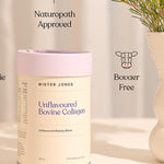 Cream Mister Jones Unflavoured Bovine Collagen canister with a lilac lid beside a vase of foliage, with Naturopath Approved and Bovaer Free captions.