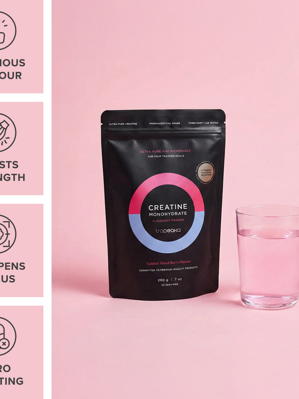Tropeaka Creatine Monohydrate Mixed Berry with a mixed berry drink