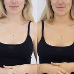 Side-by-side photos of a person with a blonde fringe wearing a black camisole, labelled Before and After 24 Hours, with a warmer tan in the second photo.