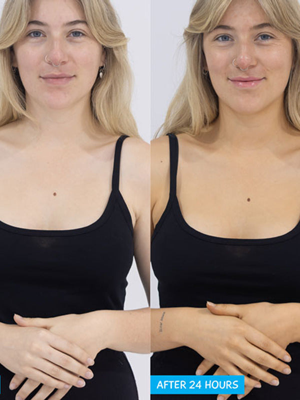 Side-by-side photos of a person with a blonde fringe wearing a black camisole, labelled Before and After 24 Hours, with a warmer tan in the second photo.