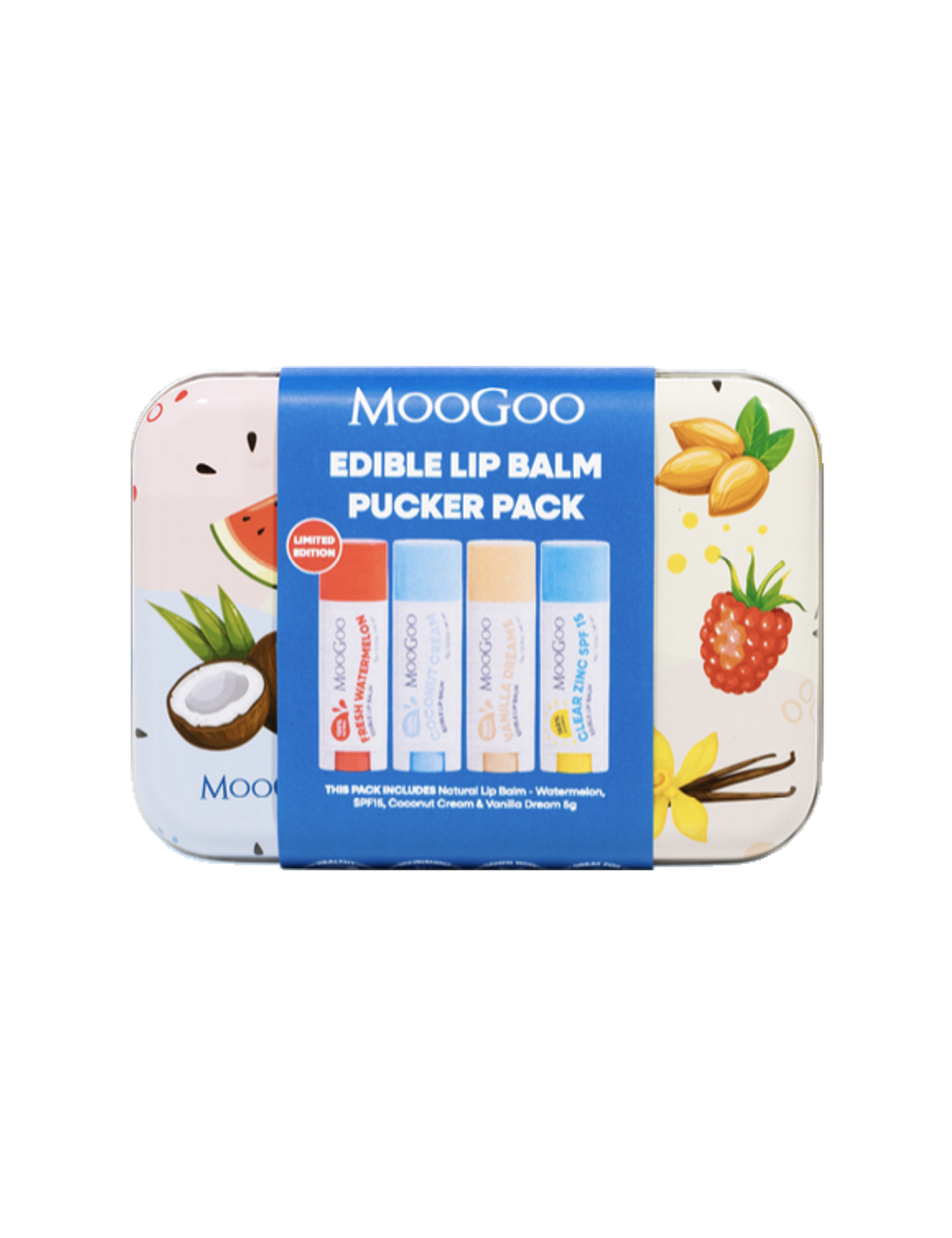 MooGoo Edible Lip Balm Pucker Pack gift tin on white, with colourful fruit illustrations and a blue sleeve showing the four lip balms inside.