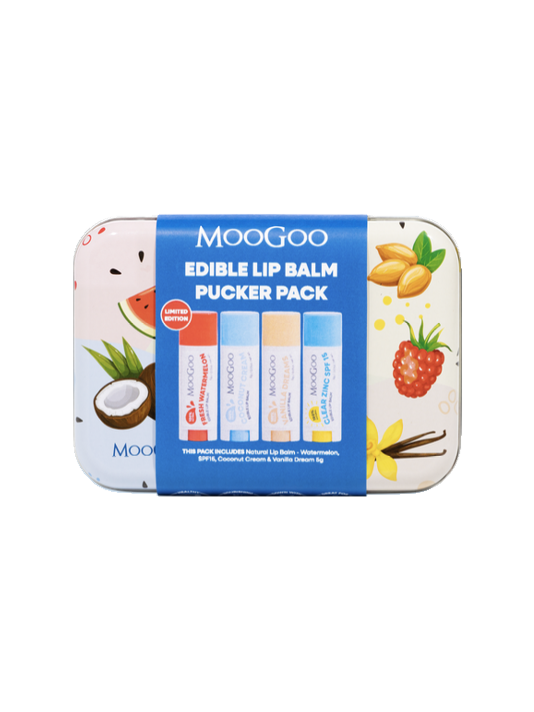 MooGoo Edible Lip Balm Pucker Pack gift tin on white, with colourful fruit illustrations and a blue sleeve showing the four lip balms inside.