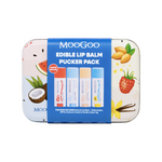 MooGoo Edible Lip Balm Pucker Pack gift tin on white, with colourful fruit illustrations and a blue sleeve showing the four lip balms inside.