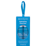 MooGoo Hydrating Face Duo in a blue gift box with a satin hanging loop. The oval window reveals Creamy Hydrating Face Cleanser and Ultra Hydrating Face Cream.