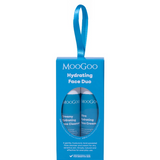 MooGoo Hydrating Face Duo in a blue gift box with a satin hanging loop. The oval window reveals Creamy Hydrating Face Cleanser and Ultra Hydrating Face Cream.