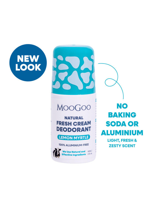 MooGoo Lemon Myrtle deodorant graphic showing a white bottle with a turquoise cow-patterned cap, a New Look badge and the caption No Baking Soda or Aluminium.