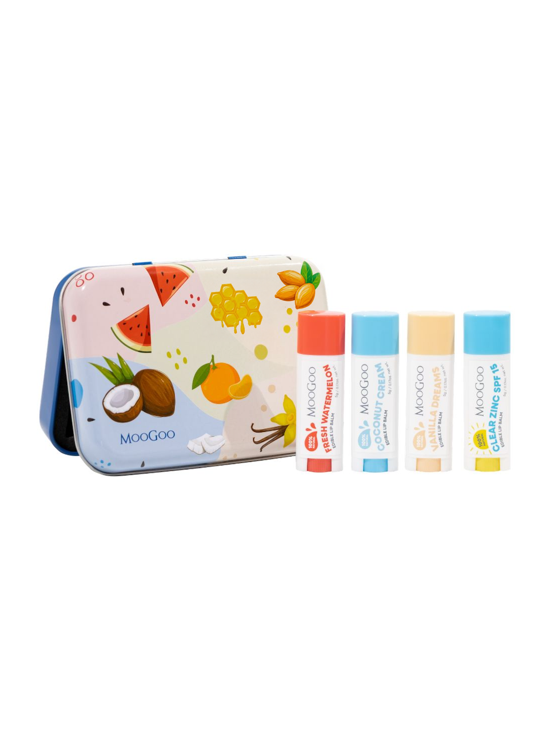 MooGoo Pucker Pack with its fruit-illustrated metal gift tin and four upright lip balms: Fresh Watermelon, Coconut Cream, Vanilla Dreams and Clear Zinc SPF15.