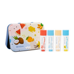 MooGoo Pucker Pack with its fruit-illustrated metal gift tin and four upright lip balms: Fresh Watermelon, Coconut Cream, Vanilla Dreams and Clear Zinc SPF15.