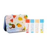 MooGoo Pucker Pack with its fruit-illustrated metal gift tin and four upright lip balms: Fresh Watermelon, Coconut Cream, Vanilla Dreams and Clear Zinc SPF15.