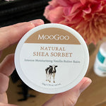 Hand holding a white MooGoo Shea Sorbet tub with its tan lid label facing the camera, in front of pink flowers on a dressing table.