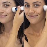 Two photos labelled Before and After 24 Hours showing a person brushing their cheek with a blue-and-white tanning brush, with a warmer skin tone in the second photo.