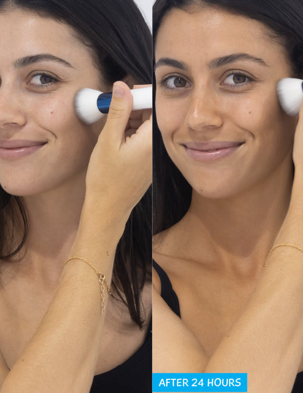 Two photos labelled Before and After 24 Hours showing a person brushing their cheek with a blue-and-white tanning brush, with a warmer skin tone in the second photo.